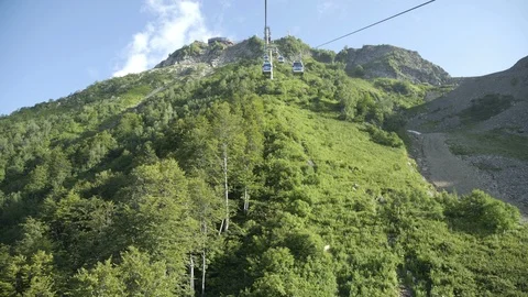 POV Tracking shot on moving cableway above mountain slope at summer. Amazing Stock Footage 115025533