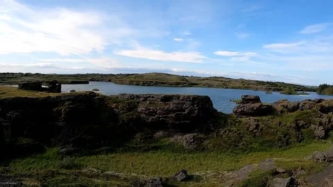 POV tracking shot through Dimmuborgir lava fields, Iceland Stock Footage 333449755