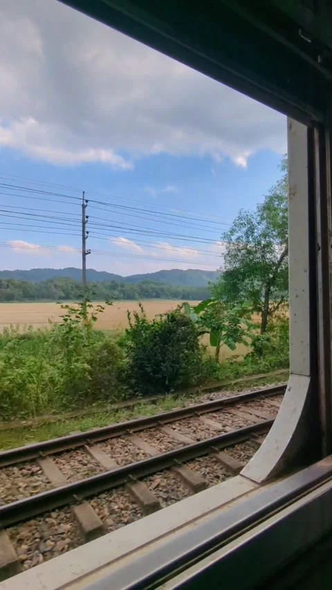 POV Train Window View of Rural Landscape, Railway Tracks, and Scenic Mountain 스톡 동영상 329918297
