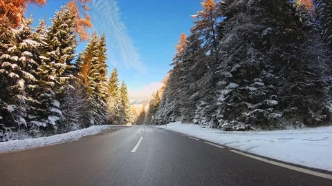 POV vehicle drive winter nature trees snow road sunny blue sky car travel gopro Stock Footage