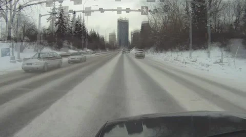 POV, very cold winter day city driving in downtown, timelapse Stock Footage