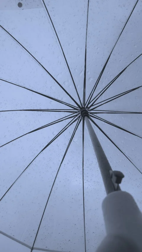 POV video: Raindrops fall on dome of transparent umbrella against grey sky Stock Footage 324288730