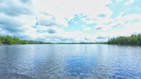 POV view from the boat bow of small lake with fir trees. Boating at cottage.. Video stock 291477088