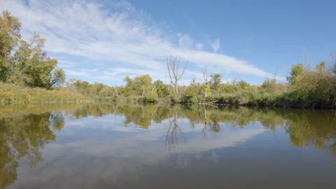 POV view from the front of a canoe paddling on a quiet northern river in the Stock Footage 334945341