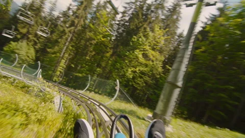 POV view in moving action unrecognizable man coming down a mountain roller Video stock 254008442