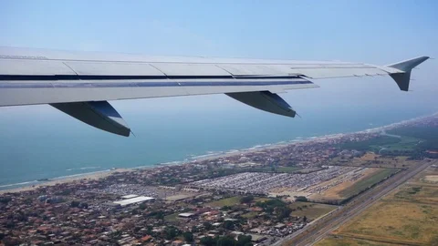 POV view from plane window of Mediterranean sea panorama from seat near aircraft Stock Footage 107096429