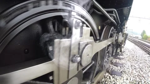 Pov view of steam engine wheels. camera mounted on locomotive Stock Footage 43618592