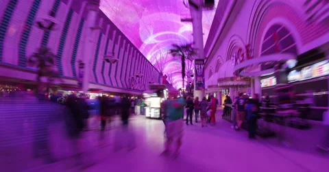 POV walk Freemont Street Experience Downtown Las Vegas. 4K Timelapse hyperlapse Stock Footage
