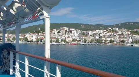 POV Walking Along Deck to the side of Cruise Ship at the Aegean Sea, Greece. Stock Photos