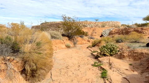 POV walking along riverbed trail in arid desert environment revealing plants Vídeo Stock 327467828