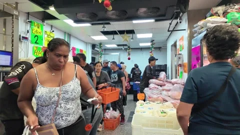 POV walking among people queuing to buy meats in Caracas supermarkets Stock Footage 332118804