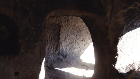 POV Walking In The Ancient Cave Monastery Stock Footage 99536951