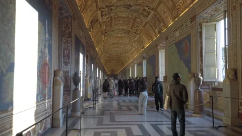 POV Walking Down the Gallery of the Maps, Vatican Museums, Rome Stock Footage 307238195