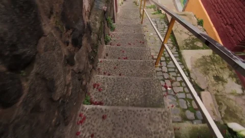 POV walking down staircase Stock Footage 77045992