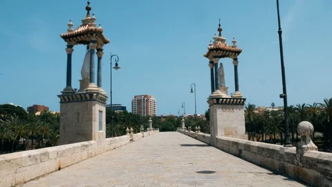 Pov walking over the bridge of the Turia gardens in Valencia. Stock Footage 102778254