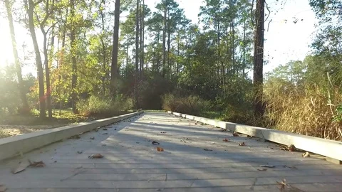 POV walking over trail bridge with lens flares 库存影片 78714111