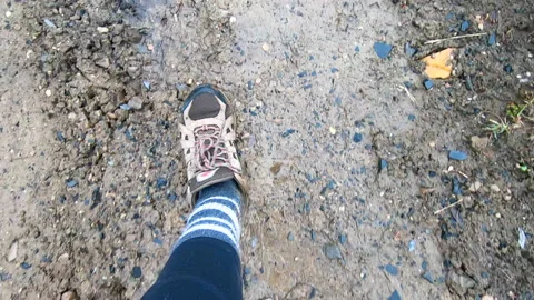 POV Walking Path in Mountain Nature, Outdoor Adventure Snow Peaks Stock Footage 151580867