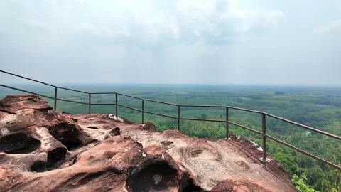 POV walking on smooth red sandstone toward scenic viewpoint at Three Whale Stockbeeldmateriaal 335196777