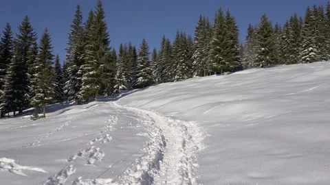 POV walking on snowy mountain path in cold winter season Stock Footage 172138826