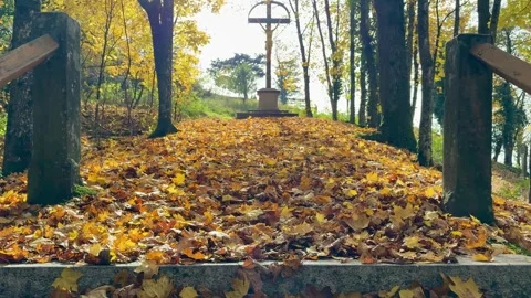 POV Walking Up Stair To Crucifix Monument In Sunny Autumn Stock Footage 320831782