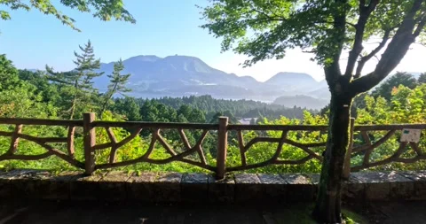 POV walking through automatic doors amazing morning view green mountains, Japan Stock Footage 259406688