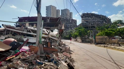 POV walking through earthquake-devastated streets of La Guaira, Venezuela Stock Footage 341746003