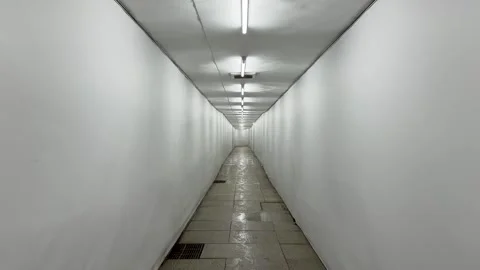 Pov Walking Through Empty White illuminated Underground Corridor or Tunnel Stock Footage 343593928