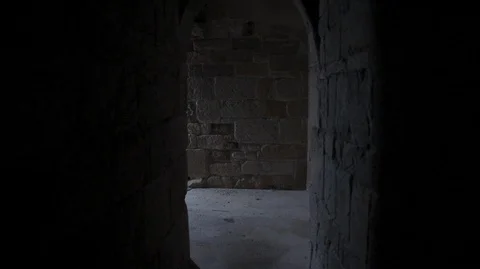 POV walking through medieval Castle stone corridors Stock Footage 128669512