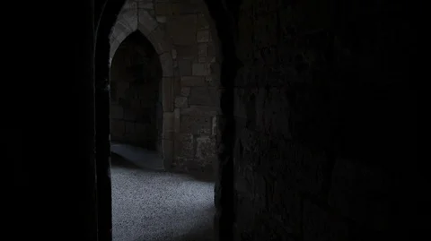 POV walking through stone corridors in a medieval Castle Stock Footage 128669757