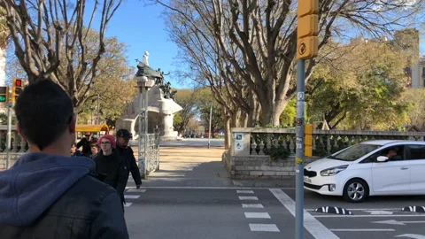 POV Walking Towards Placa Tetuan Square Statue in Barcelona Stock Footage 139241653