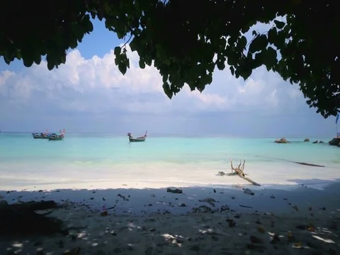 POV Walking Under Tree Onto Sand Beach Turquoise Blue Tropical Sea Thailand Stock Footage 78118715