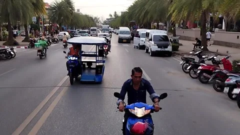 POV Watching the main road of Ao Nang  in the tuktuk Stock Footage 343806547