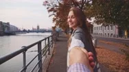 Pov: Woman Walking Her Boyfriend Through Autumn City. Slow Motion 120 Fps. Stock Footage