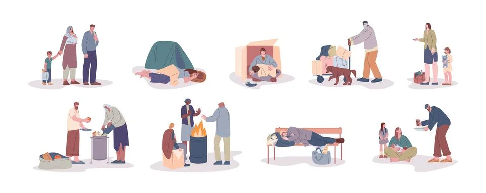 Poverty and refugee problems. Sad poor people sleep on street, homeless woman Stock Illustration