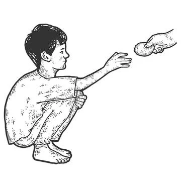 Poverty. Homeless boy pulls his hand for food. Sketch scratch board imitation. Stock Illustration