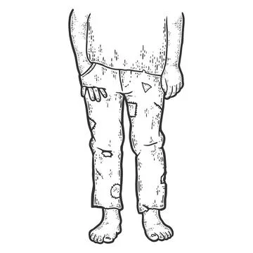 Poverty. Leaky pockets, boy hand peeking out of his pants. Sketch scratch board Stock Illustration