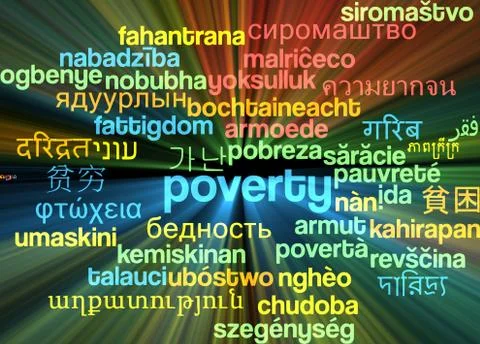 Poverty multilanguage wordcloud background concept glowing Stock Illustration