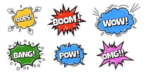 Pow comic bubble collection. Sound dialogue speech bubbles with word - WOW, Bang Stock Illustration