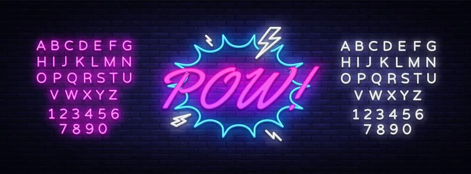 Pow Neon Text Vector. Comic lettering Pow neon sign, design template, modern Stock Illustration