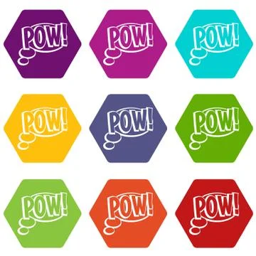 Pow, speech bubble icon set color hexahedron Illustrazione stock