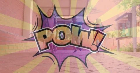Pow! text in a comic bubble over kids running in a vintage-style digital image. Stockfoto's