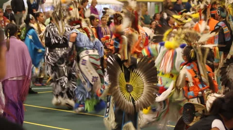 Pow wow grand entry looking at backs of dancers Video stock 40345423