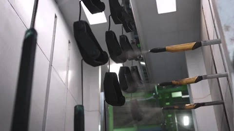 Powder coating shop at a machine-building enterprise. Automatic painting of Stock Footage 246849196