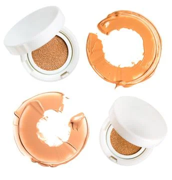 Powder cushion with smeared sample in the shape of a circle, Cosmetic face Stock Photos