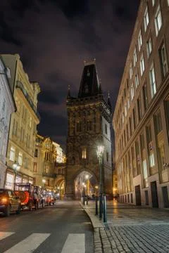 Powder Tower at night in Prague, Czech Republic Stock-Fotos