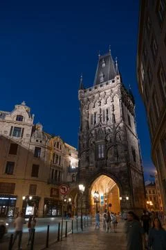 Powder Tower At Night In Prague Stock Photos