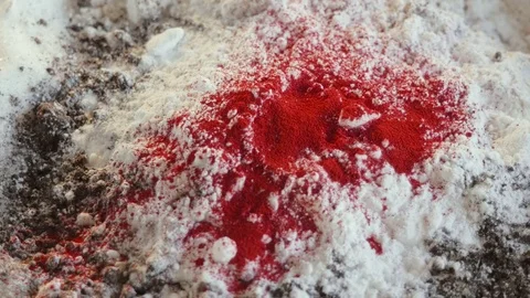 Powdered Red Food Coloring Added to Red Velvet Cake Ingredients - 4K Stock Footage 76589677