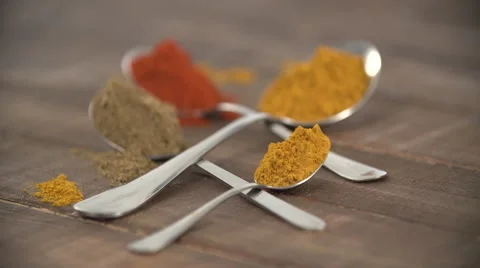 Powdered spices on spoon. Stock Footage 54483379