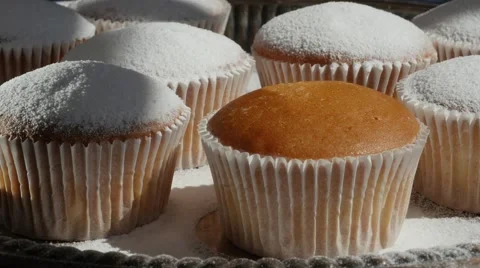 Powdered Sugar On Corn Muffins In Bakery Stock Footage 54967736