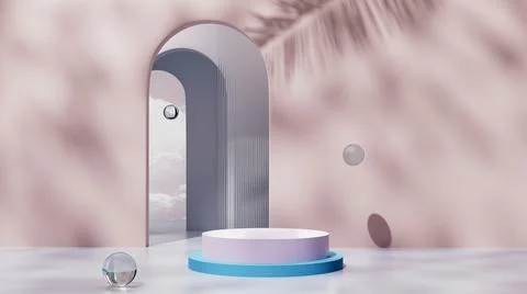 Powdery 3d background with arches, blue pedestal, glass balls Stock Illustration